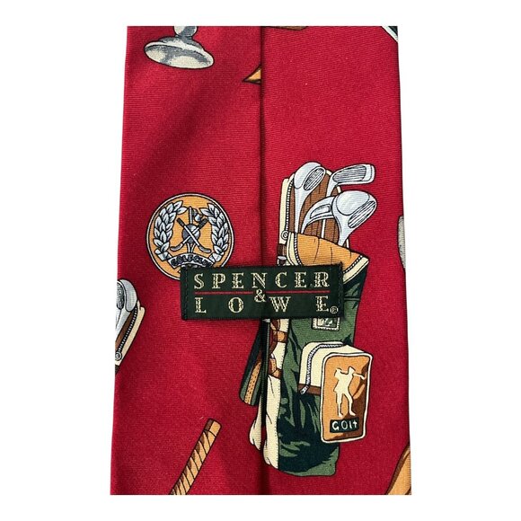 Vtg 1990s Spencer & Lowe Golf Themed Silk Necktie – Red Trophy & Clubs Print - Picture 4 of 4